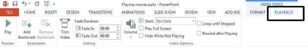 Once inserted double click on the video file within the slide. Click on the Playback tab.