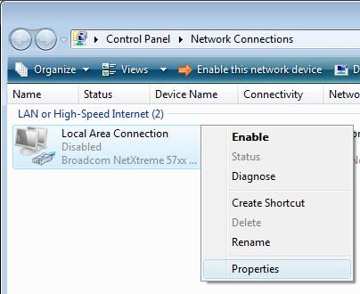 (3) On the "Network Connection" screen, right-click the "Local Area Connection" icon, and then select "Properties" from the
