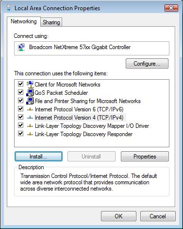 (4) On the "Local Area Connection Properties" dialogue, confirm that the check box of the [Internet Protocol Version4