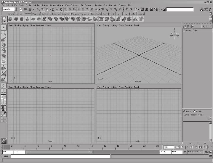 the interface 3 Tool Box Shelves Status line Main menu bar Title bar Scene menu bar View Compass Figure 1.1 The Maya 8.