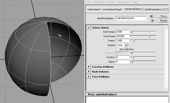 30 chapter 1: The Maya Interface Figure 1.23 The Attribute Editor and Channel Box display the values for the selected sphere. Attribute Editor. For example, if you click the nurbssphere1 tab, you will see the DAG node attributes.