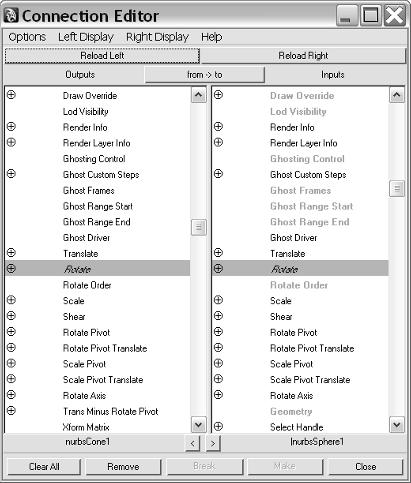 the main maya windows 35 Select Other from the menu to open a new window called the Connection Editor, shown here and explained later in this chapter.