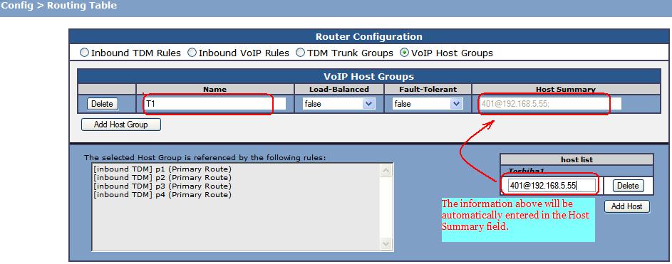 Go to Config > Routing Table and create as many host groups as your voicemail ports. a. Click on Voip Host groups and you will see the following screen.