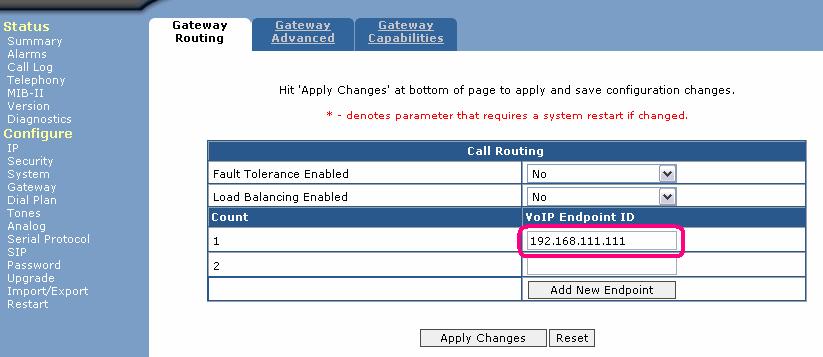 Access the web dialog and upload the Dialogic DMG000-AvayaIPOfficeConfig.ini file to the gateway from the Import/ Export menu. 2.