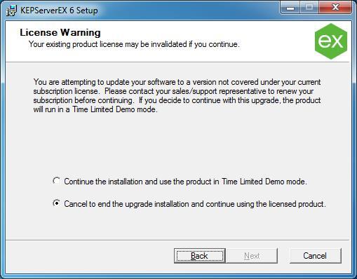 3. Installing Version 6 on a Machine with Existing Licenses This scenario is applicable to users that have previously installed and licensed KEPServerEX Version 5 and may or may not have an active