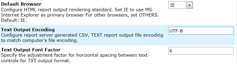 To change encoding for report generated in any of the text-based output types (Text, CSV or RAWTEXT) set value of Report Server property Text Output Encoding (Navigation > Administration > Configure