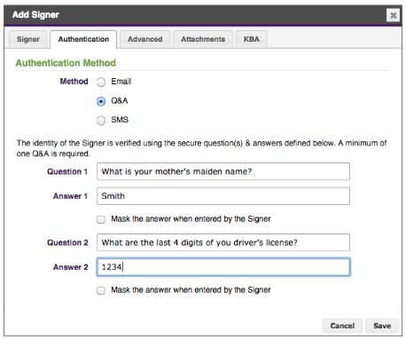 Senders can choose to mask the the signer's answers, so that when the signer types an answer, each typed character appears on the screen as an asterisk (*).