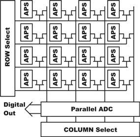 analog-to-digital converter (ADC). The digital output of the ADCs is selected for read out by the column-select logic.
