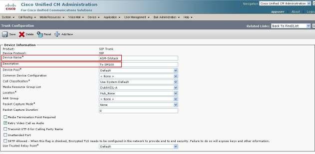 Enter the appropriate information for the SIP Trunk. The following screen shows the configuration used in the sample network.
