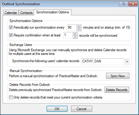 Synchronization Options The Synchronization Options tab stores settings that apply to both calendar and contact synchronization.