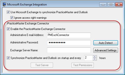Figure 6, Exchange Connector Configuration Administrative E-mail Address Administrative Password Auto Detect Exchange Server Name When using the Exchange Connector, you will need to designate an