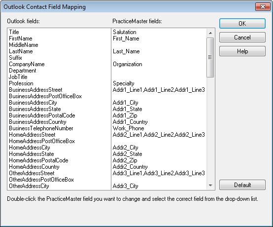 Field Mapping Detailed field mapping tables can be found in PracticeMaster Help using the keywords of Outlook Field Mapping.
