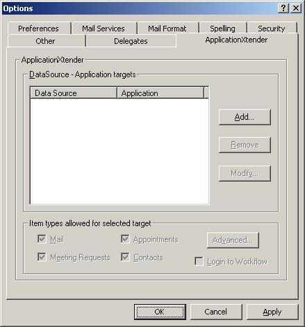 Figure 1 Outlook Options Dialog Box - ApplicationXtender Tab 2. Click Add.