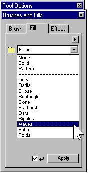 4. Now click the Fill tab in the Brushes and Fills panel. 5. Click the Fill category pop-up menu and choose W a v e s from the Gradient list (Figure 2-11).