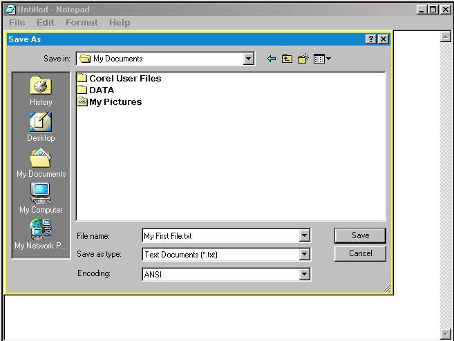 Making and Saving a file Lets make the first file Click START, RUN This Dialogue box will open type the word Notepad in to the white space.