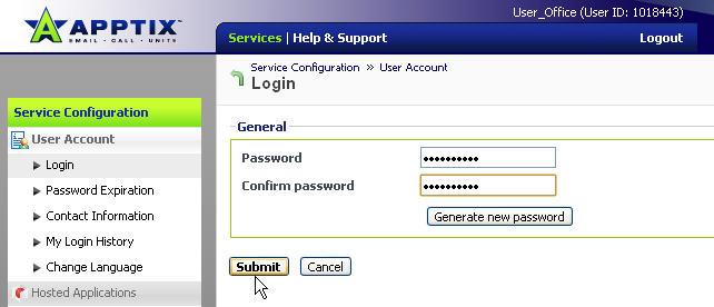 Hosted Applications Admin Guide / Change User Login Password Page 31 of 32 4) The Login screen is displayed showing the status of this Service User. Click on the [Change Password] button.