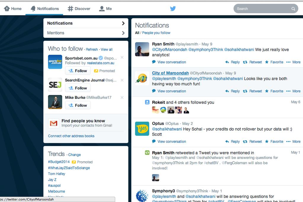 6. Notifications tab The Notifications tab offers a simple way to see how others on Twitter are interacting with you. There are two tabs in the left-hand column of this page.