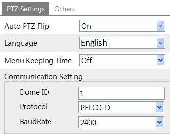 In this submenu, PTZ title, date, auto PTZ flip, language, and menu keeping time can be set. If your model support RS485 interface, you may configure the communication setting for keyboard control.