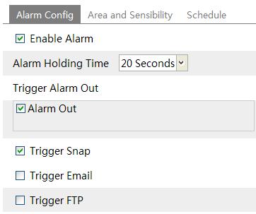 Check Enable Alarm check box to activate motion based alarm, choose alarm holding time and set alarm trigger options.