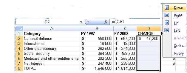In cell D1 type the label CHANGE. In cell D2 type the formula to get the change from FY 1997 to FY 2002 for the first record, which is National Defense. The formula is =C2-B2. Then hit ENTER.