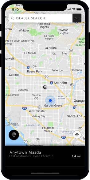 DEALER MAP If you ve set a preferred dealer, tap the Dealer Map icon* to view a map of your preferred dealer s location and a summary of the dealer s information.