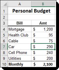 You'll use Goal Seek to figure out how much of a car payment can be afforded based on a fixed total budget amount. 2. Select cell B10.