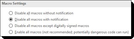 Otherwise, Excel displays a security warning. Managing macro security You should always keep security in mind when opening macro-enabled files.