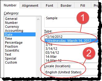 e) Close the Time & Language window. Select a localized date format. a) Display the umber tab of the Format Cells window. b) Click the Date category. There are two things worth noting here.