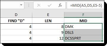 In column E, use LE to calculate the lengths of the codes. Select the cells, enter or type =LE(A5), then press Ctrl+Enter. 8. In column F, enter a function to return the department codes.