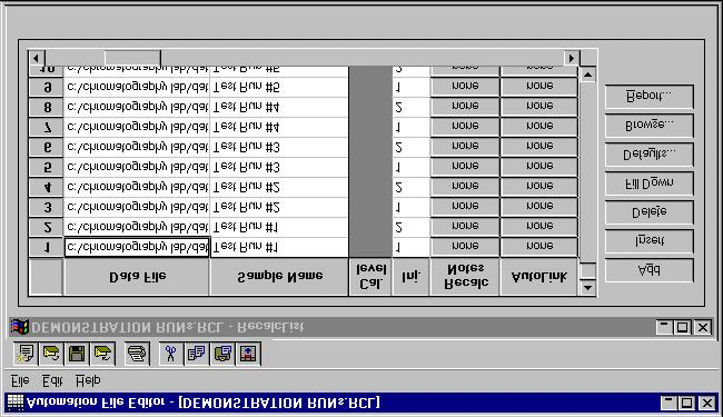 AUTOMATION FILE EDITOR Editing or Creating a RecalcList The RecalcList window for the open RecalcList is displayed. It contains most of the same fields contained in the SampleList.