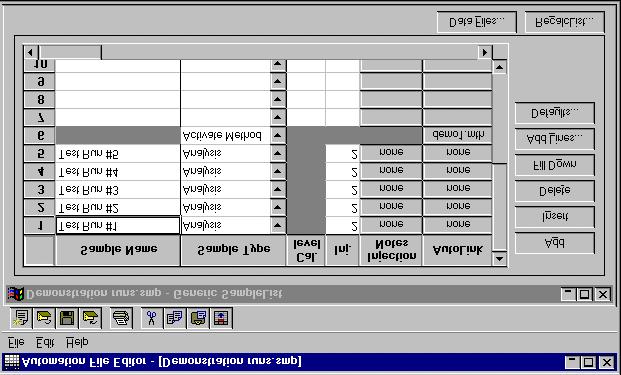 The SampleList window for the open SampleList is displayed. Spreadsheet columns can be sized by dragging their border using the left mouse button. Right-click on column headers for formatting options.