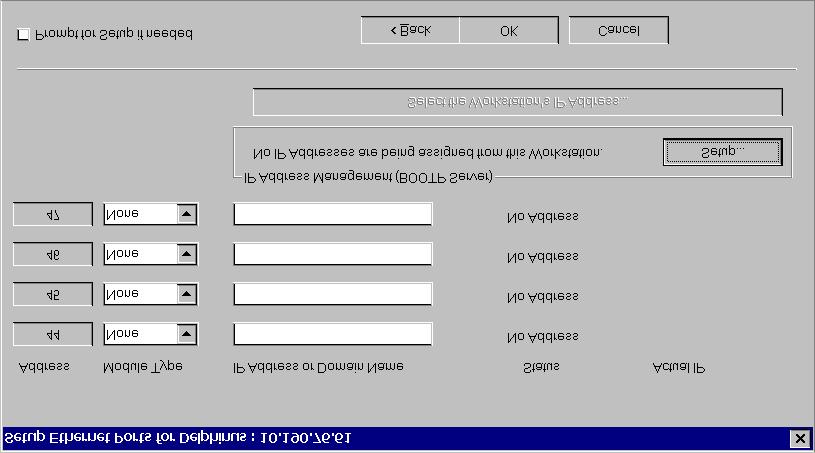 The Setup Ethernet Ports dialog will display a table of module Addresses (44, 45, 46, 47), Module Type, and IP Address or Domain Name. 3.