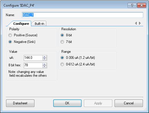 PSoC 4 Current Digital to Analog Converter (IDAC) PSoC Creator Component Datasheet Component Parameters Drag the IDAC onto your design desktop and double-click it to open the Configure dialog box.
