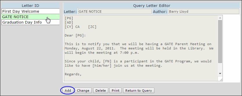 Query Letter Editor The LETTER EDITOR allows you to create letters that will contain text along with merged data from a query statement.