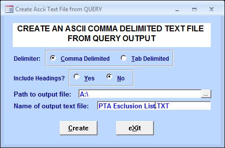 The default for the type of file is Comma Delimited. To change the type to tab delimited, click the mouse on the Tab Delimited button.