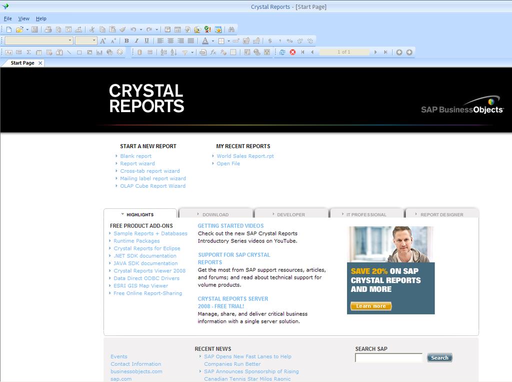 Getting Started Crystal Reports 2008 Start Page Toolbar
