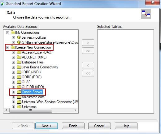 Standard Report Creation Wizard First step: establish a connection to the database To Connect to the database 1.