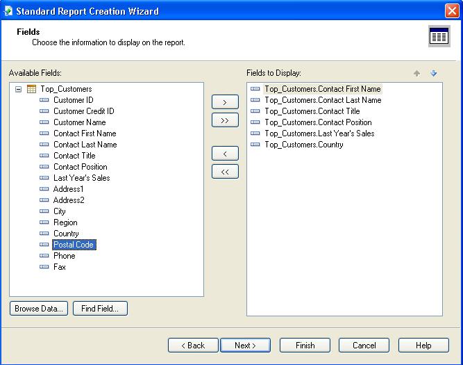The Standard Report Creation Wizard Fields window: select fields from the view to display on your report To select the fields: Click the field name and click on the Arrow button Or Click and drag the