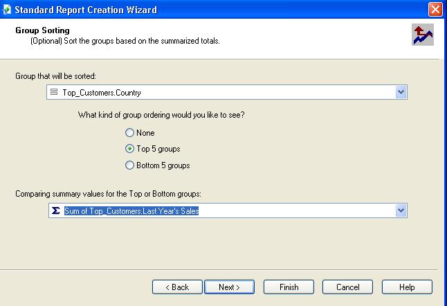 Standard Report Creation Wizard Group Sorting window: to sort the data by summarized totals and display the top or bottom 5 groups. e.g. show the top 5 last year s sales by country To Select the top 5 or bottom 5 1.