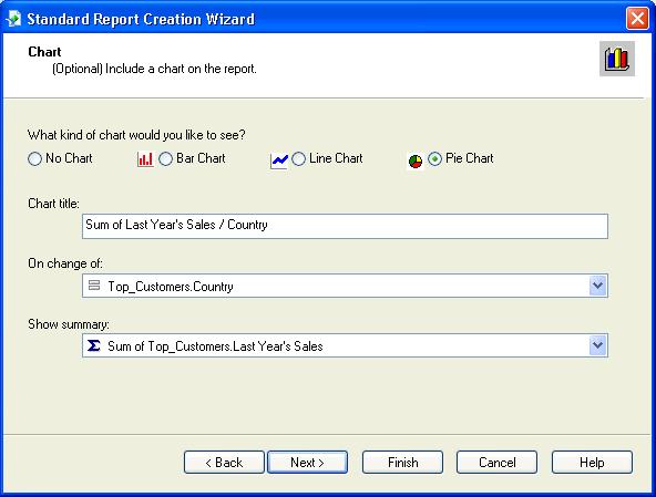 Standard Report Creation Wizard Chart window: add a chart to your report 1. Select the kind of chart 2.