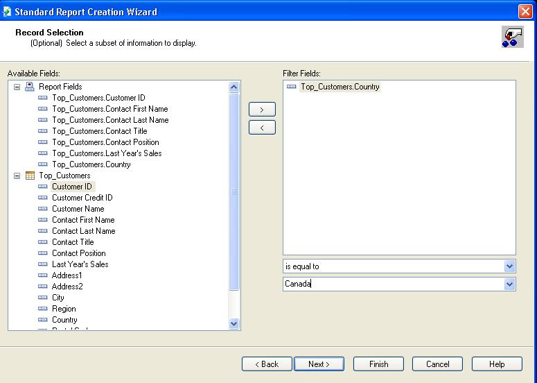 Standard Report Creation Wizard Record Selection window: select the records that you need for your report To select the records: 1.