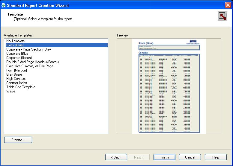 Standard Report Creation Wizard Template window : select a report template