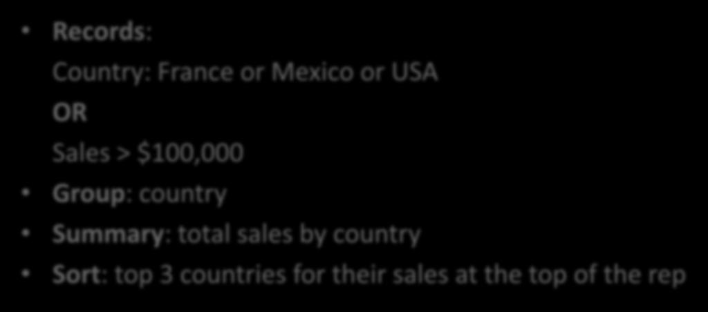 France or Mexico or USA OR Sales > $100,000 Group: country Summary: