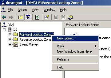 As shown in Figure 75, right click Forward Lookup Zones, select New zone, and then