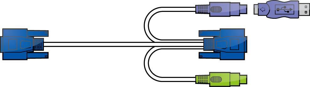 The other end of input cable has three connectors: a HDDB-15 male type for computer video, a purple mini din 6-pin PS/2 connector for keyboard and a green mini din 6-pin PS/2 connector for mouse.
