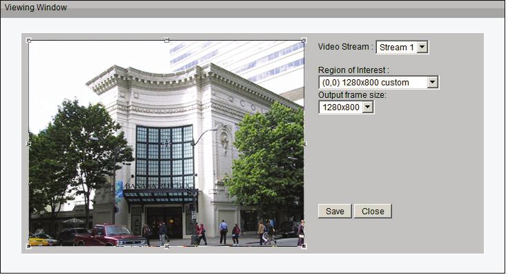 Video Options Viewing Window: The camera supports multiple streams with frame size ranging from 176 x 144 to 1920 x 1080. Click Viewing Window to open the viewing region setting page.
