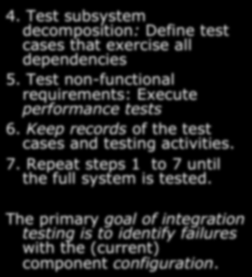 Test functional requirements: Define test cases that exercise all uses cases with the selected component 4. Test subsystem decomposition: Define test cases that exercise all dependencies 5.