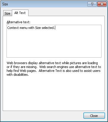 Figure 33 Size dialog with Alt text tab in focus. Once the Alt text is entered, with the image still selected we'll add the caption.