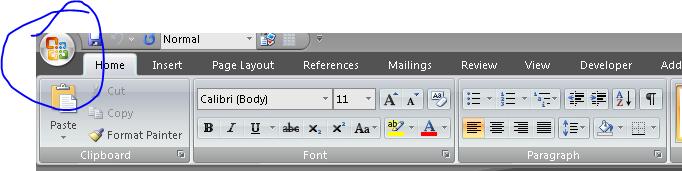 Figure 9 Screen snipping with Office Button circled. The preceding image shows the Word Ribbons with the Office button circled in blue. This came from the Snipping Tool.