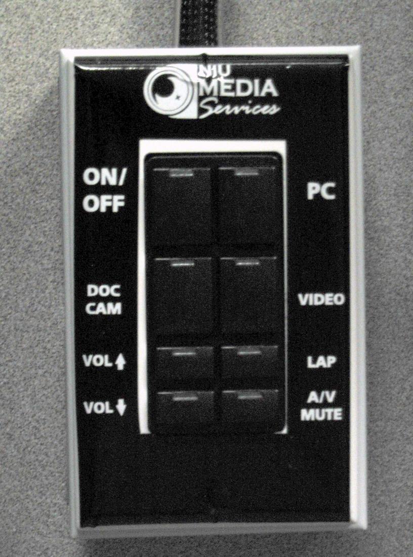 Alternative Start-Up Instructions Push Button Control Pad There are Alternative Push Button Switches on the podiums which will allow you to turn the projector On or Off & assign input from the